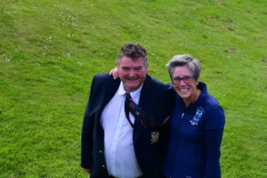 Club Captain Gareth Owen and Ladies Captain Julia Proud await the prize giving.